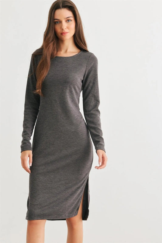 Charcoal Cut-Out Back Long Sleeve Midi Dress /3-2-2 - Tasha Apparel Wholesale