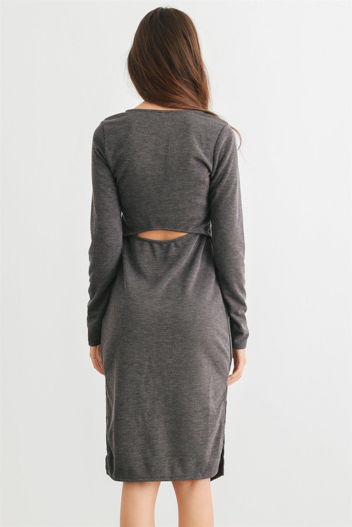 Charcoal Cut-Out Back Long Sleeve Midi Dress /3-2-2