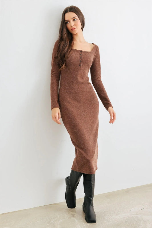 Brown Ribbed Knit Button Neck Slim Fit Midi Dress /2-2-2 - Tasha Apparel Wholesale