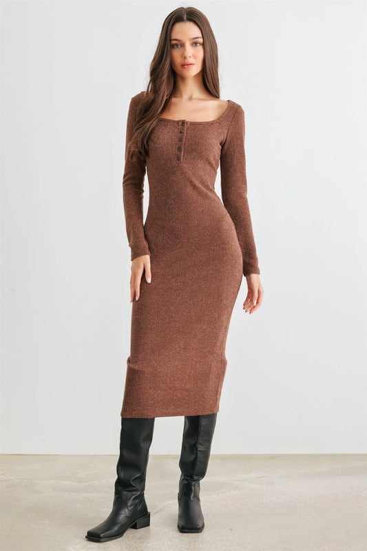 Brown Ribbed Knit Button Neck Slim Fit Midi Dress /2-2-3 - Tasha Apparel Wholesale