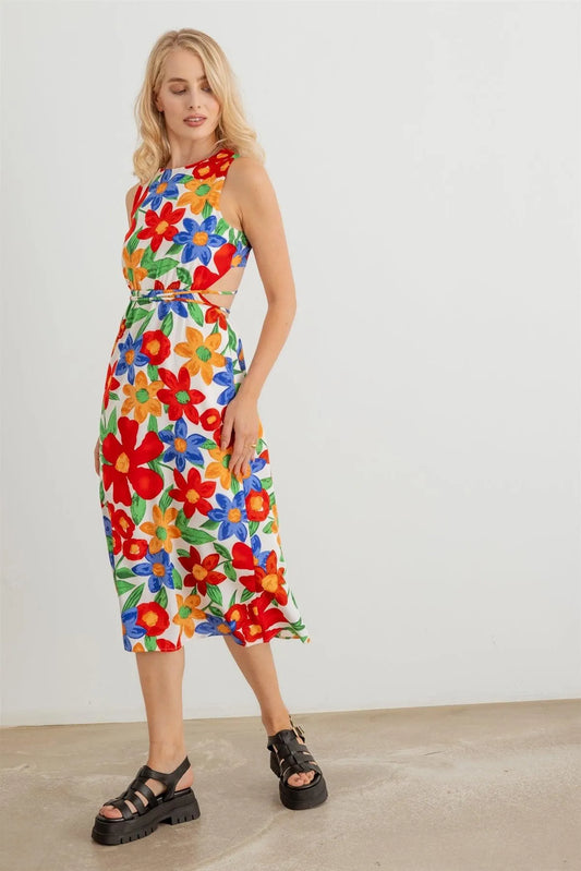 Flower Print Sleeveless Open Back Midi Dress - Tasha Apparel Wholesale