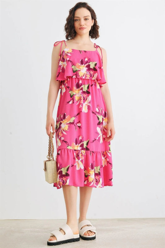Magenta Floral Sleeveless Flare Detail Midi Dress /2-2-2 - Tasha Apparel Wholesale