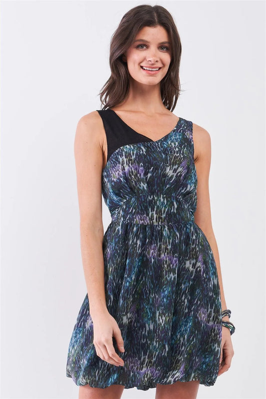 Navy Blue Sleeveless Mesh V-Neck Self-Tie Waist Stitched Together Bottom Mini Dress /3-3 - Tasha Apparel Wholesale