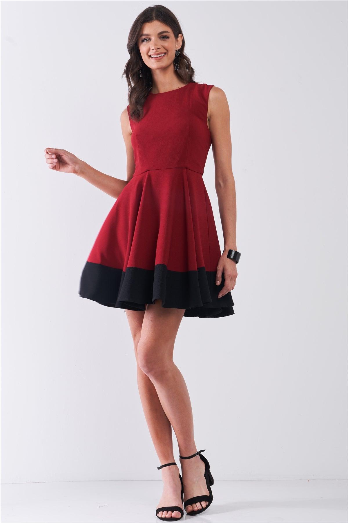 Wine Red & Black Hem Detail Sleeveless A-Line Flare Mini Dress /1-3-2