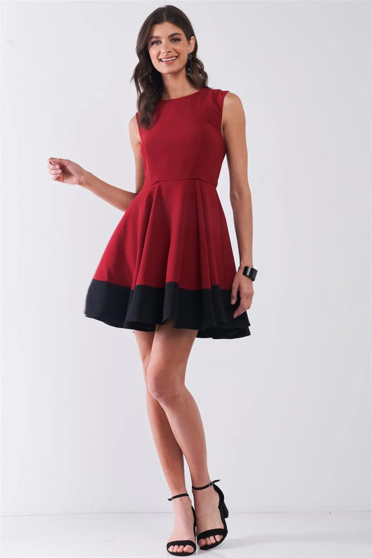 Wine Red & Black Hem Detail Sleeveless A-Line Flare Mini Dress /1-3-2 - Tasha Apparel Wholesale