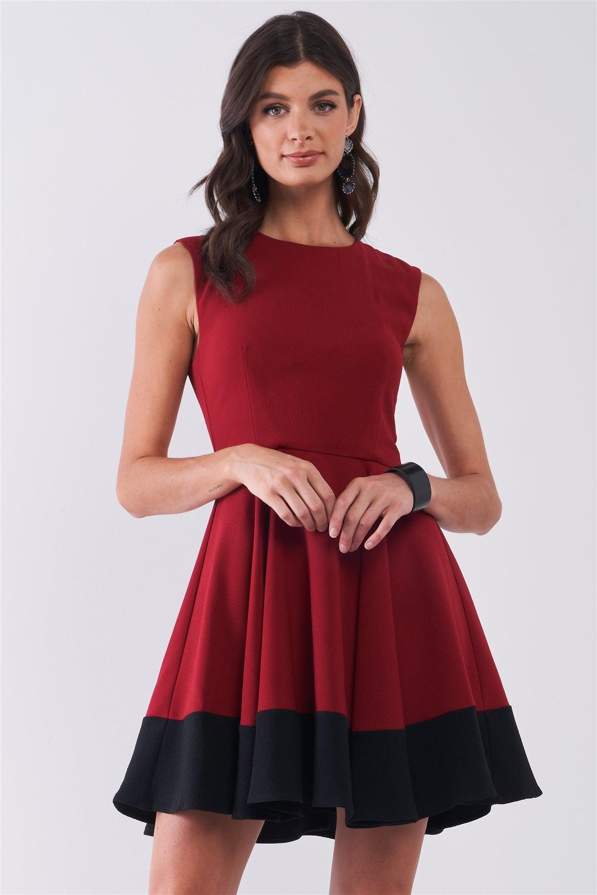 Wine Red & Black Hem Detail Sleeveless A-Line Flare Mini Dress /1-3-2