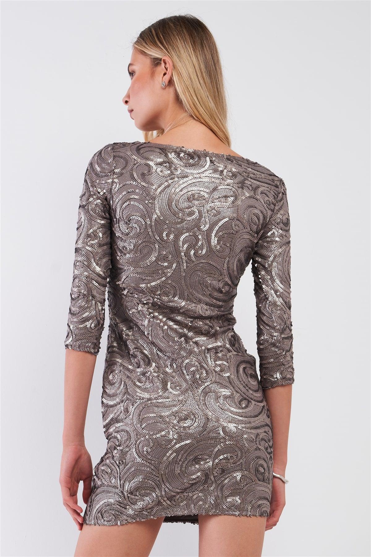Ancient Oxidized Gold Sequin Embroidery Midi Sleeve Round Neck Fitted Mini Dress