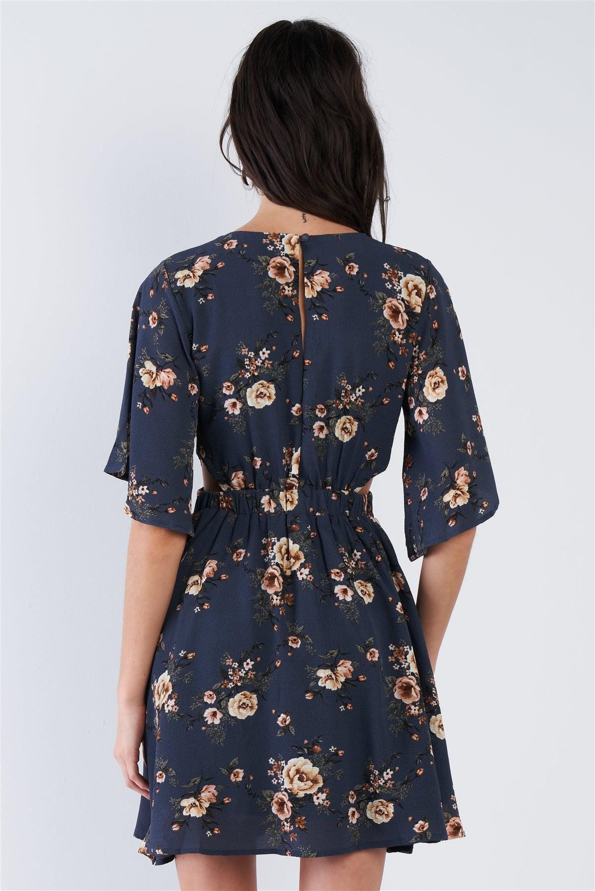 Blue Side Cut Out Multi Floral Print Kimono Sleeve Mini  Dress  /1-2-1