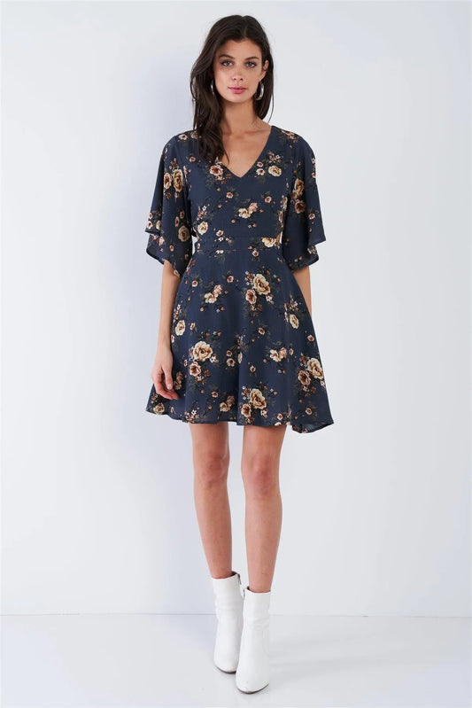Blue Side Cut Out Multi Floral Print Kimono Sleeve Mini Dress /3-2-1 - Tasha Apparel Wholesale