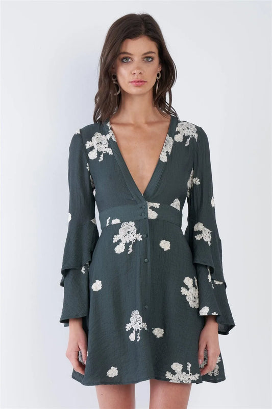 Teal Green Chic Floral V-Neck Layered Trumpet Sleeve Mini Dress /3-2-1 - Tasha Apparel Wholesale
