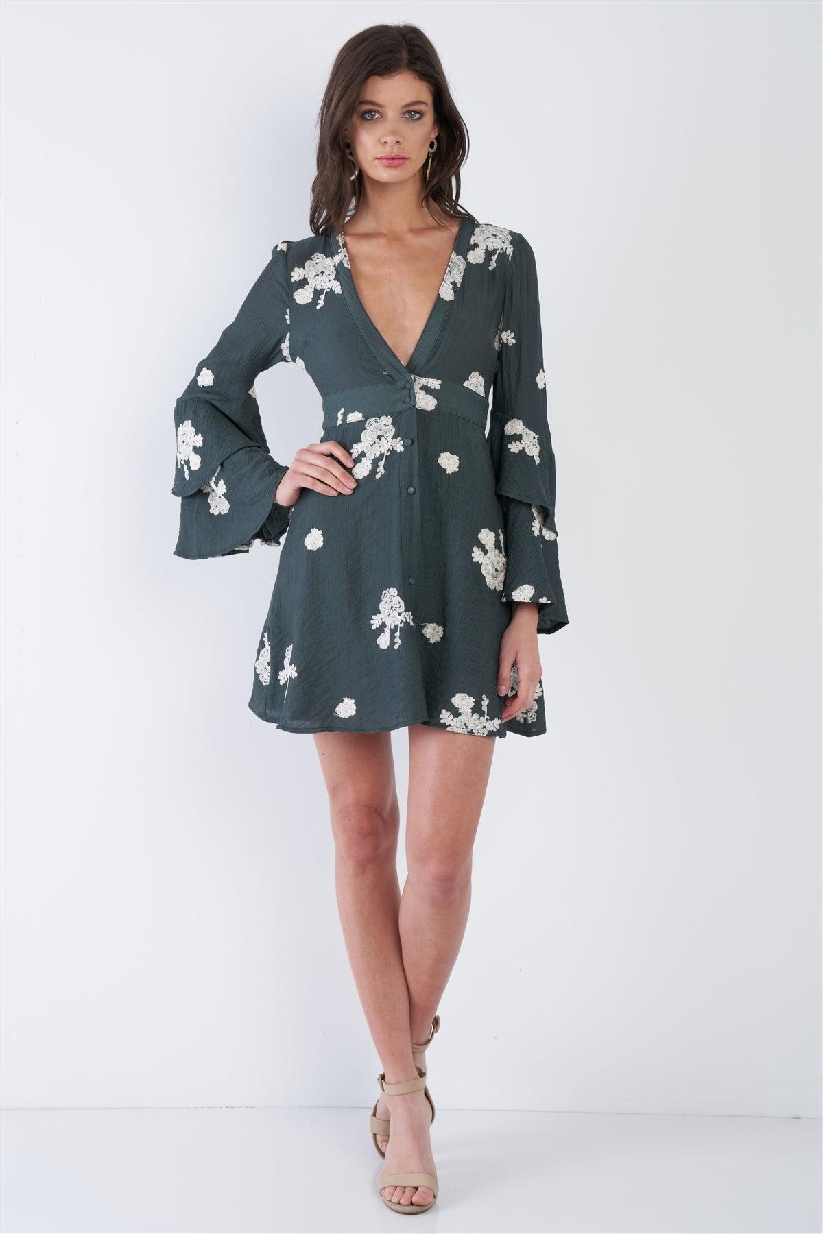 Teal Green Chic Floral V-Neck Layered Trumpet Sleeve Mini Dress /3-2-1