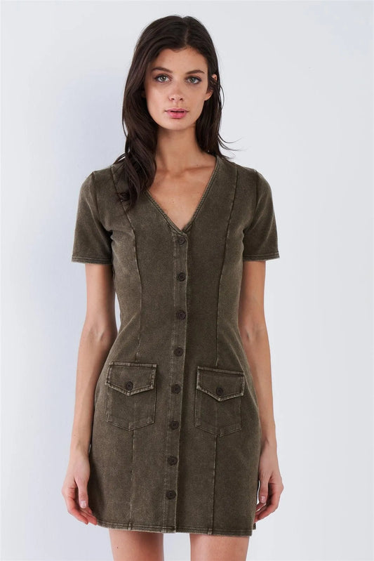 Olive Green Acid Washed V-Neck Button Down Mini Dress /3-2-1 - Tasha Apparel Wholesale