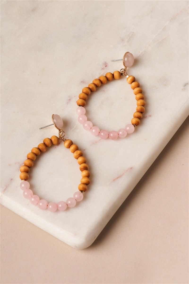 Rose Quartz Beaded Oval Drop Earrings /1 Pair