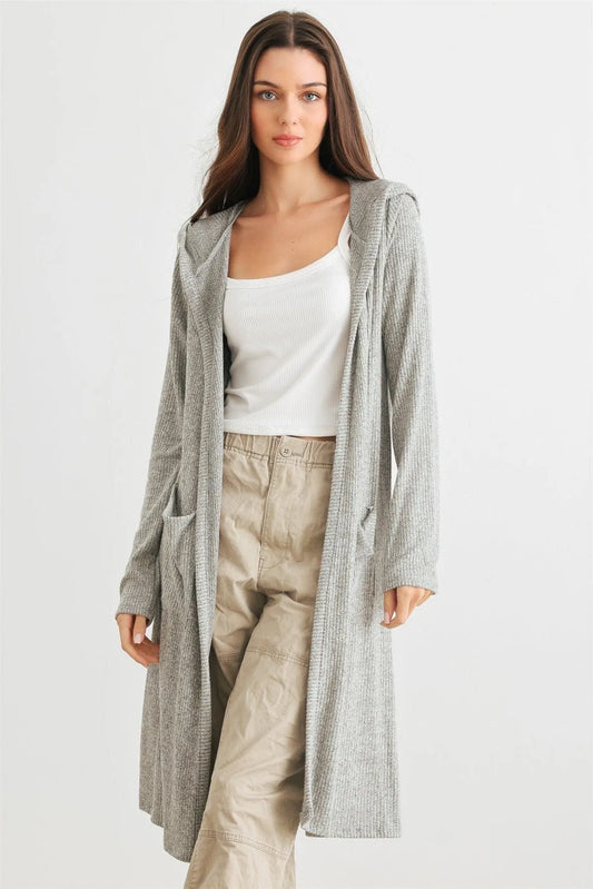 Heather Grey Ribbed Two Pocket Open Front Hooded Cardigan /2-2-2 - Tasha Apparel Wholesale