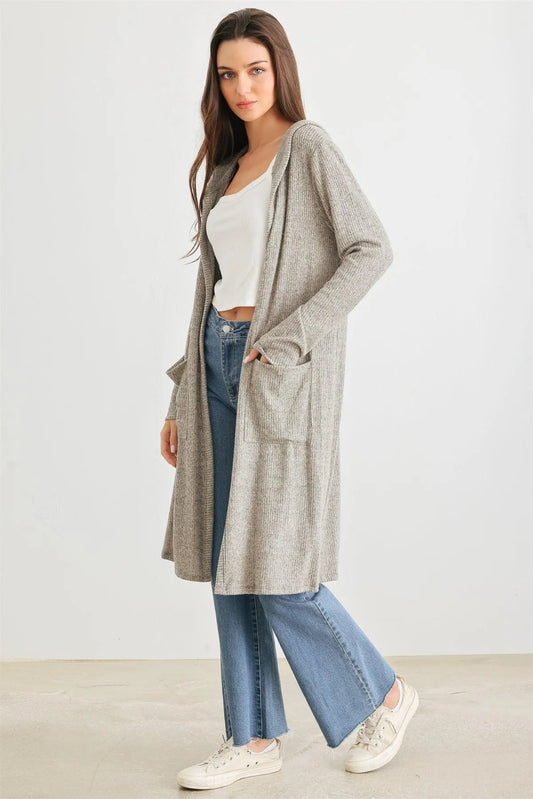 Sand Ribbed Two Pocket Open Front Hooded Cardigan /2-2-2 - Tasha Apparel Wholesale