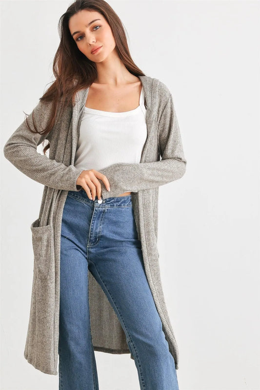Sand Ribbed Two Pocket Open Front Hooded Cardigan /3-2-2 - Tasha Apparel Wholesale