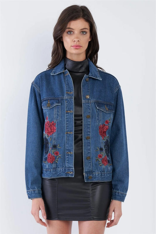 Denim Blue Rose Embroidered Vintage Jean Jacket /3-3 - Tasha Apparel Wholesale