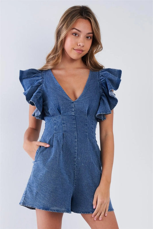 Blue-Denim Dramatic Ruffle Romper /2-2-2 - Tasha Apparel Wholesale