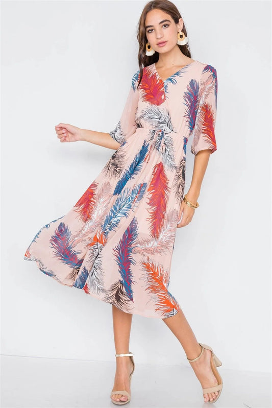 Multi Floral Print V-Neck Sheer Midi Dress /1-2-2 - Tasha Apparel Wholesale