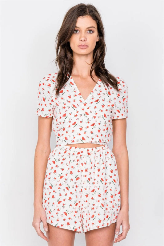 Off-White Floral Print Mini Short Shorts Chic Romper /2-2-2 - Tasha Apparel Wholesale