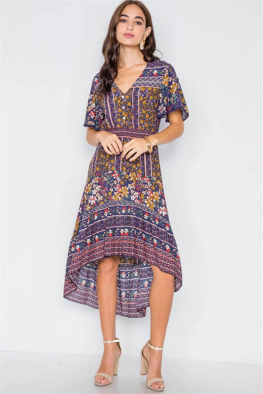 Navy Floral High-Low V-Neck Midi Dress /1-2-2 - Tasha Apparel Wholesale