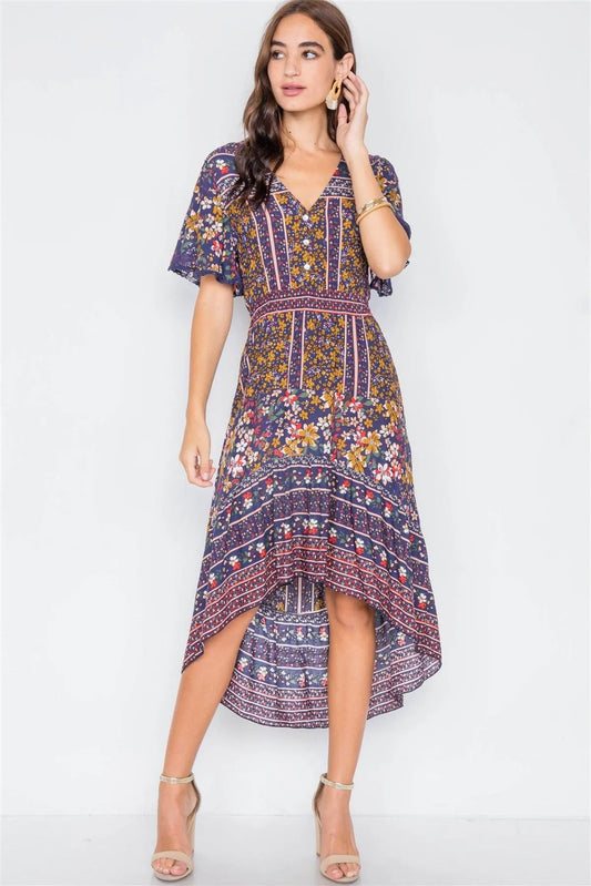 Navy Floral High-Low V-Neck Midi Dress /2-2-2 - Tasha Apparel Wholesale