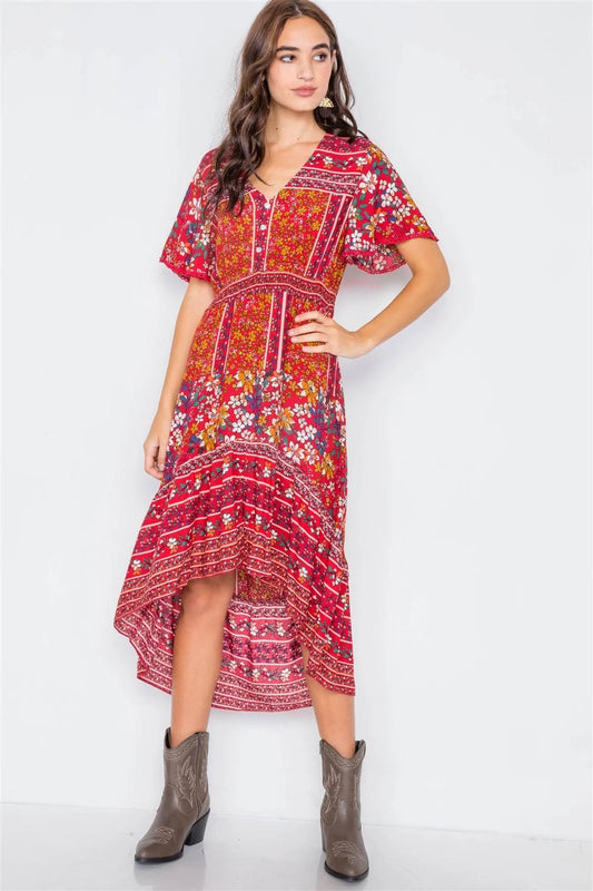 Red Floral High-Low V-Neck Midi Dress /2-2-2 - Tasha Apparel Wholesale