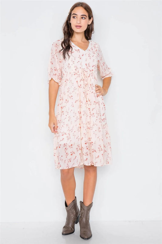 Light Pink Floral Sheer Midi Dress /2-2-2 - Tasha Apparel Wholesale