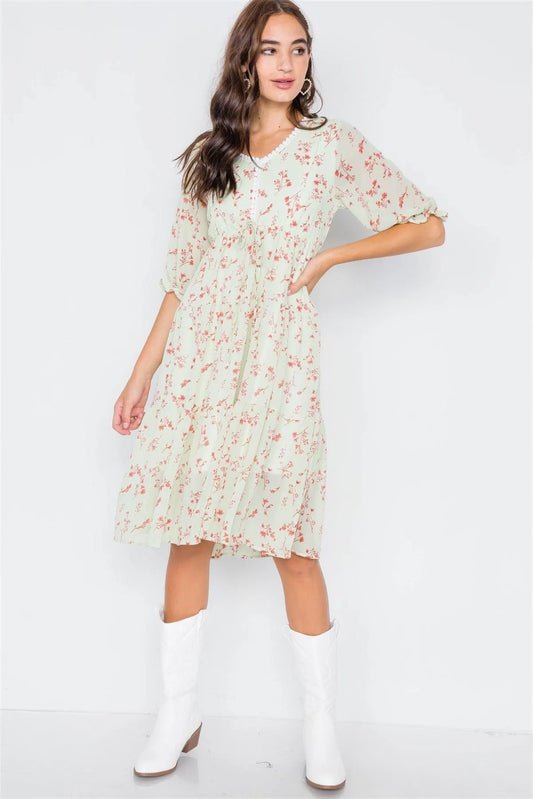Mint Floral Sheer Midi Dress /2-2-2 - Tasha Apparel Wholesale