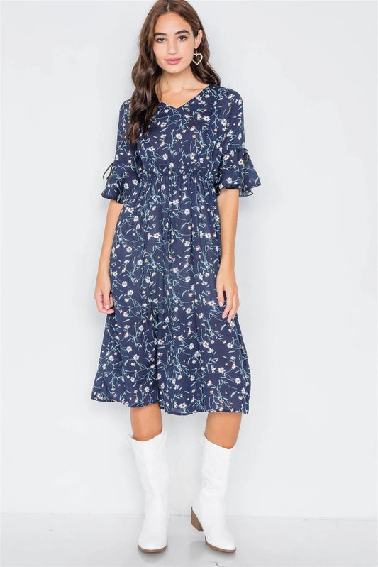 Navy Floral Flounce Stretchy Midi Dress /2-2-2 - Tasha Apparel Wholesale