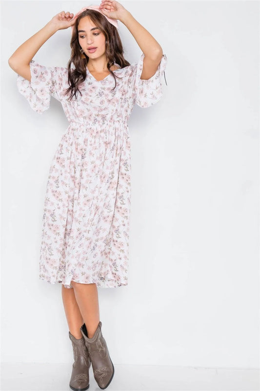 Pink & Ivory Floral Flounce Stretchy Midi Dress /2-2-2 - Tasha Apparel Wholesale