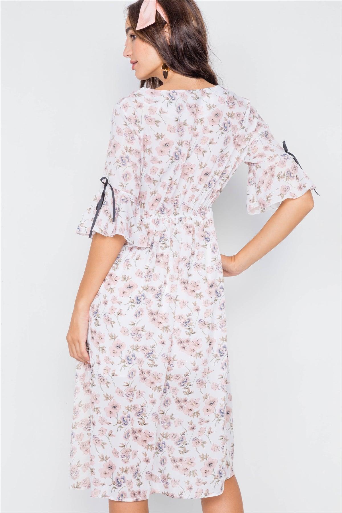 Pink & Ivory Floral Flounce Stretchy Midi Dress /2-2-2