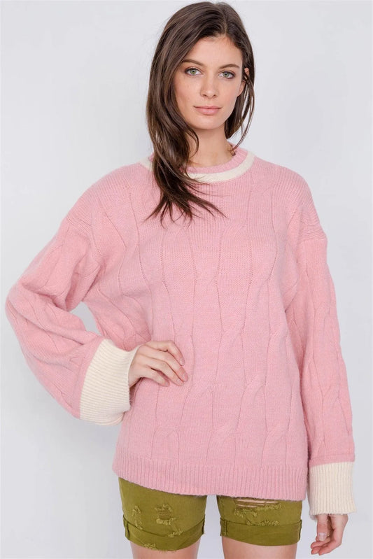Pink Knit Contrast Bell Sleeve Cuff Relaxed Fit Cable Sweater /OS - Tasha Apparel Wholesale