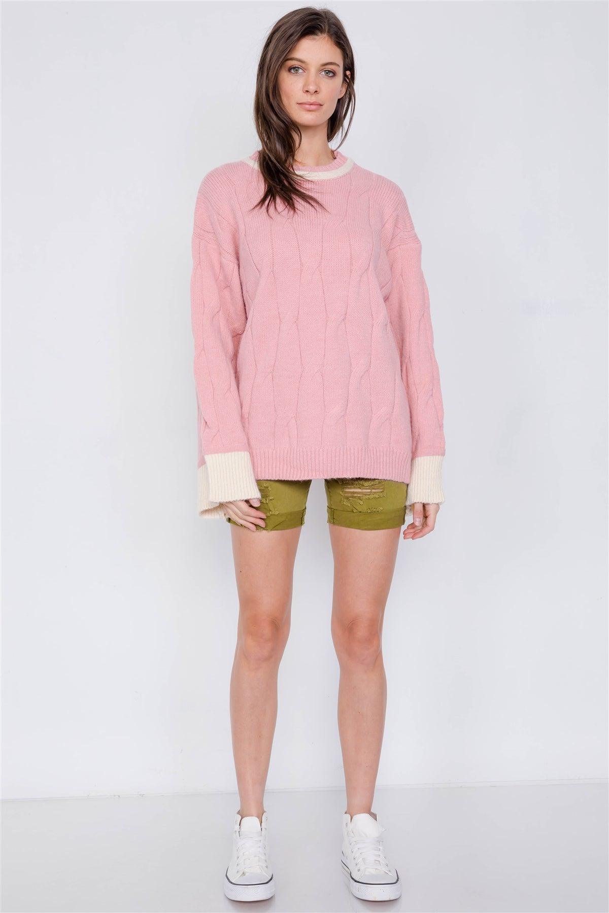 Pink Knit Contrast Bell Sleeve Cuff Relaxed Fit Cable Sweater /OS