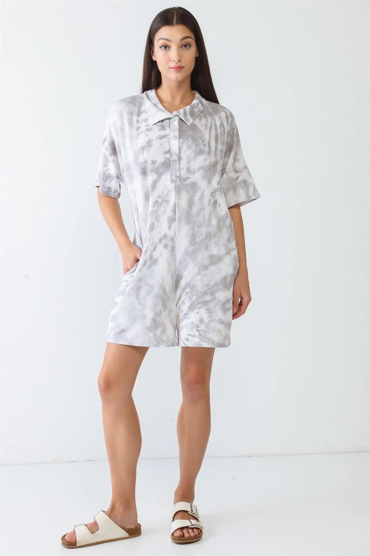 White & Grey Tie-Dye Collared Neck Button-Up Short Sleeve Romper /3-3 - Tasha Apparel Wholesale