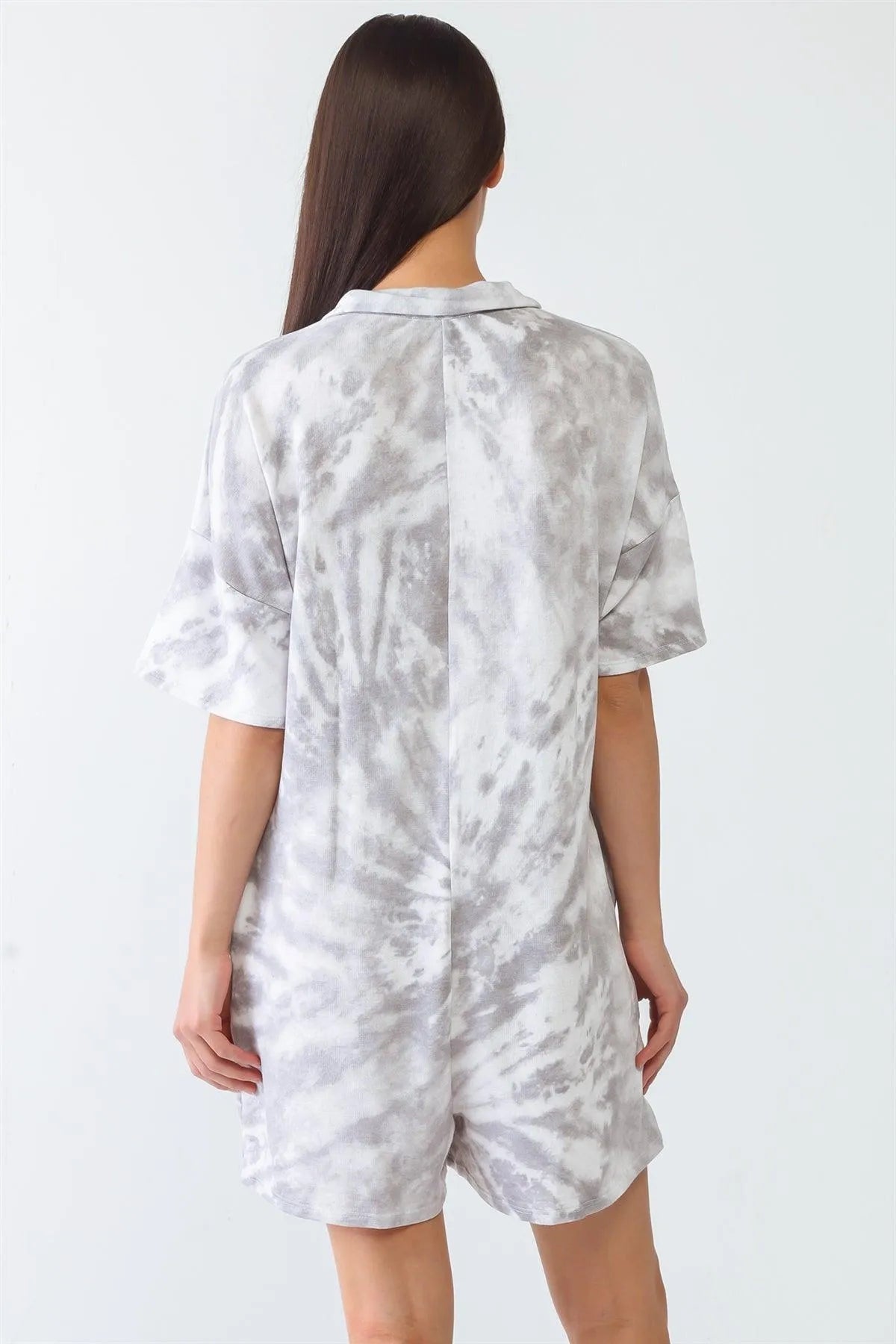White & Grey Tie-Dye Collared Neck Button-Up Short Sleeve Romper /3-3 - Tasha Apparel Wholesale
