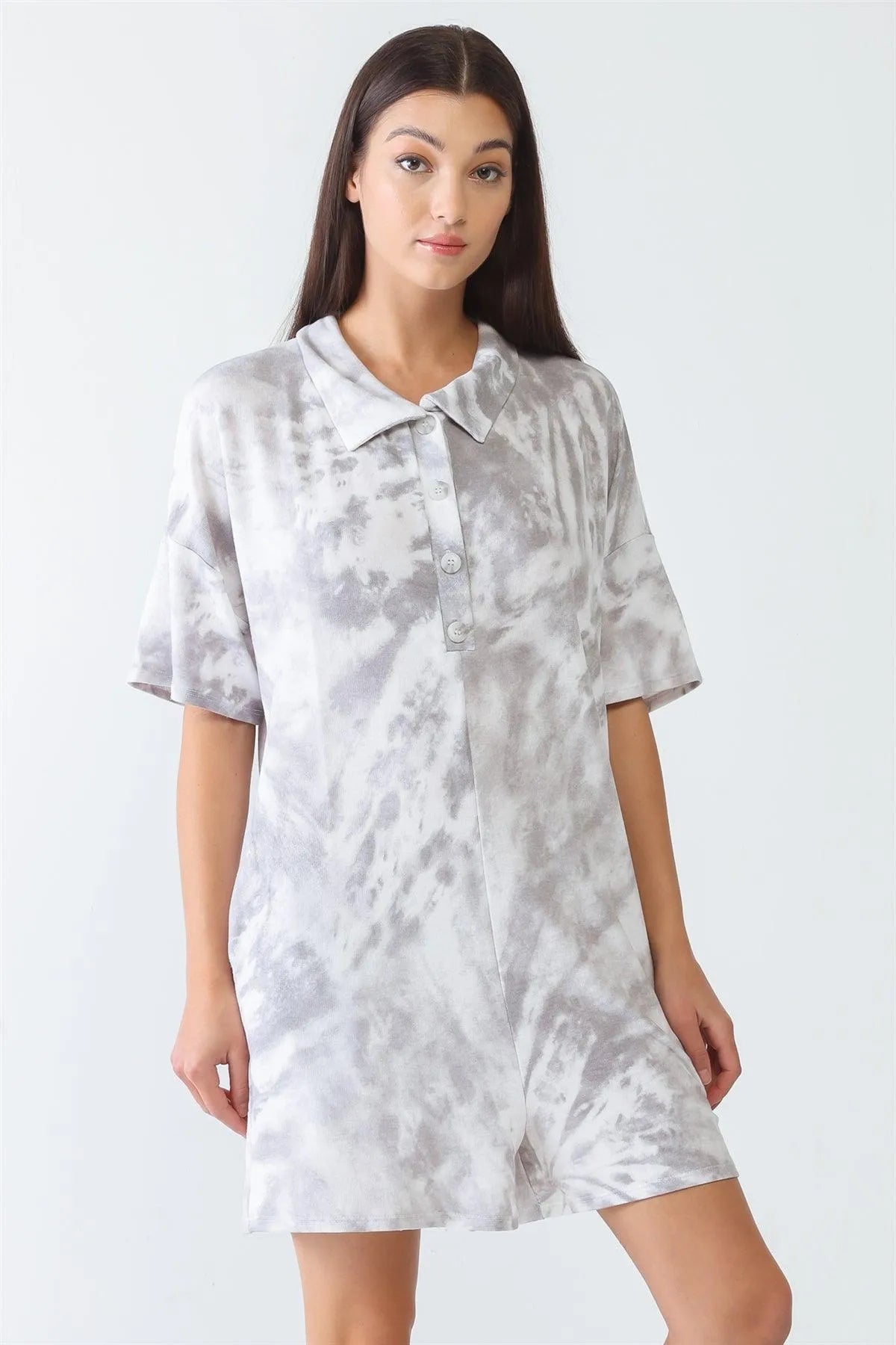 White & Grey Tie-Dye Collared Neck Button-Up Short Sleeve Romper /3-3 - Tasha Apparel Wholesale