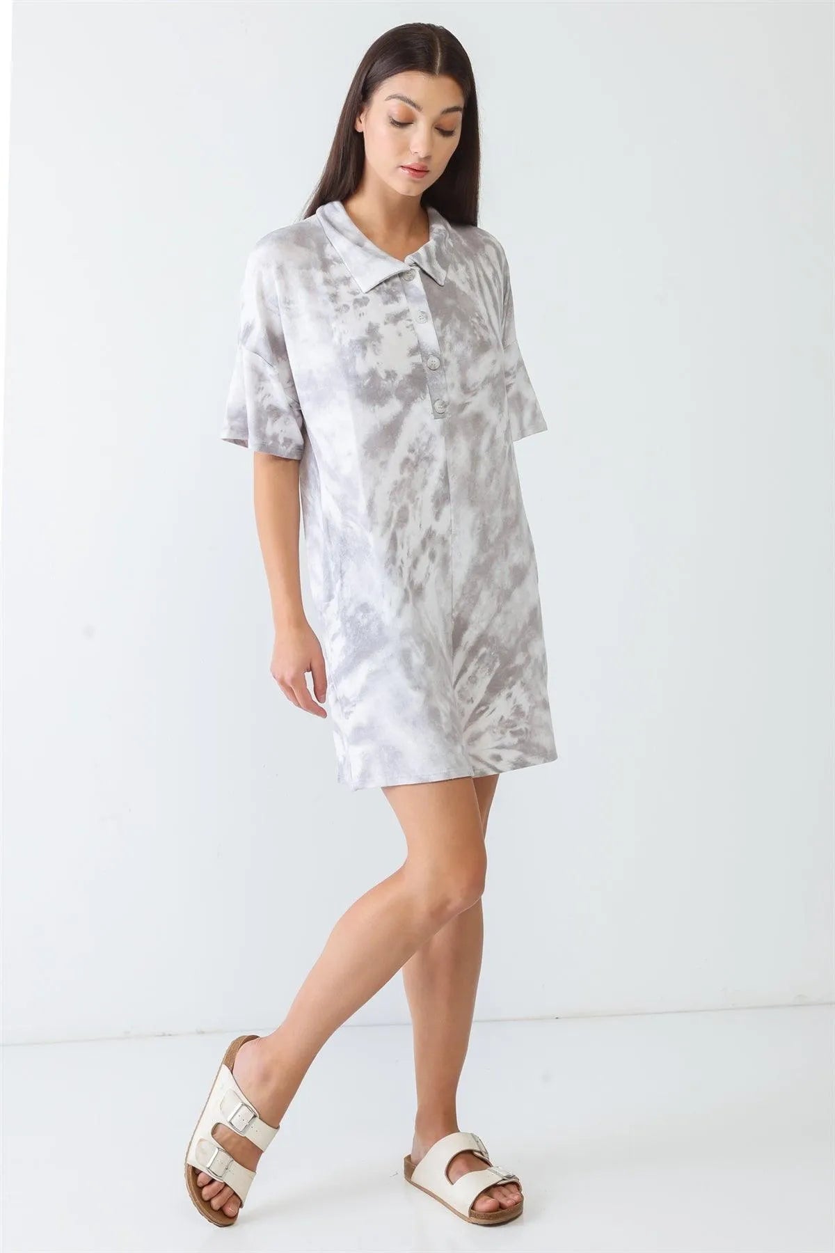 White & Grey Tie-Dye Collared Neck Button-Up Short Sleeve Romper /3-3 - Tasha Apparel Wholesale