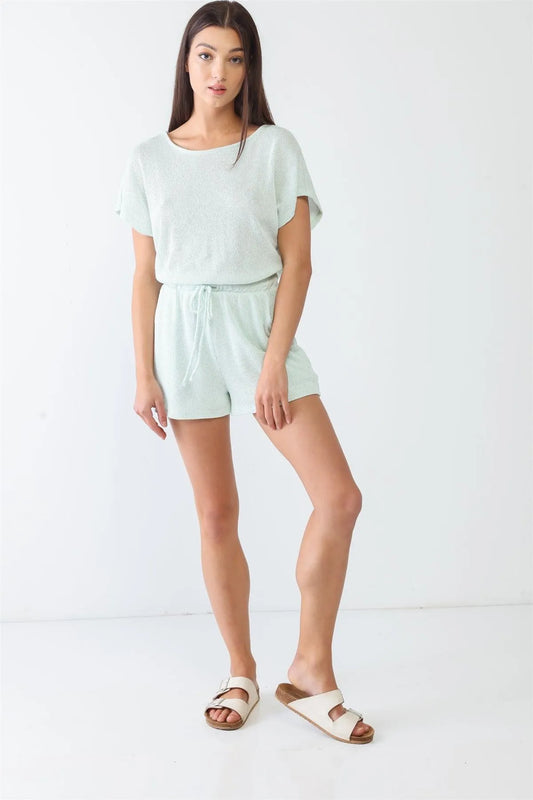 Mint Knit Two Pocket Short Sleeve Wrap Open Back Romper /1-2-1 - Tasha Apparel Wholesale
