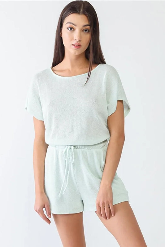 Mint Knit Two Pocket Short Sleeve Wrap Open Back Romper /2-2-2 - Tasha Apparel Wholesale
