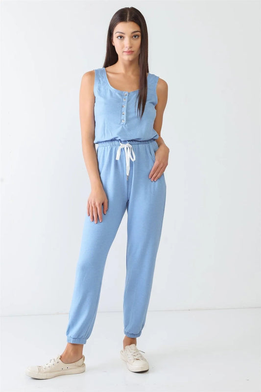 Round Neck Sleeveless Button-Up Pocket Jumpsuit - Tasha Apparel Wholesale