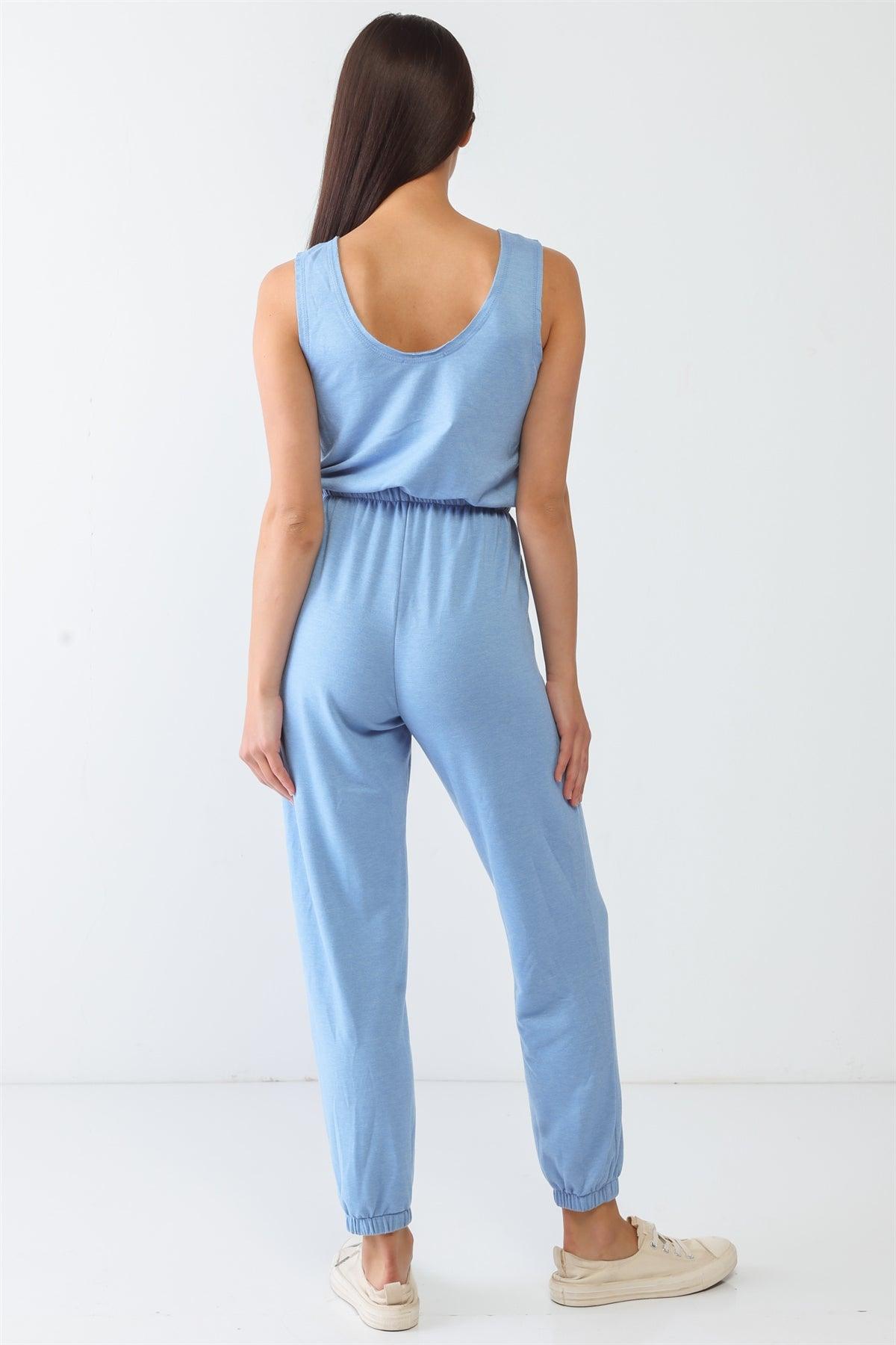 Light Blue Round Neck Sleeveless Button-Up Two Pocket Jumpsuit /2-2-2