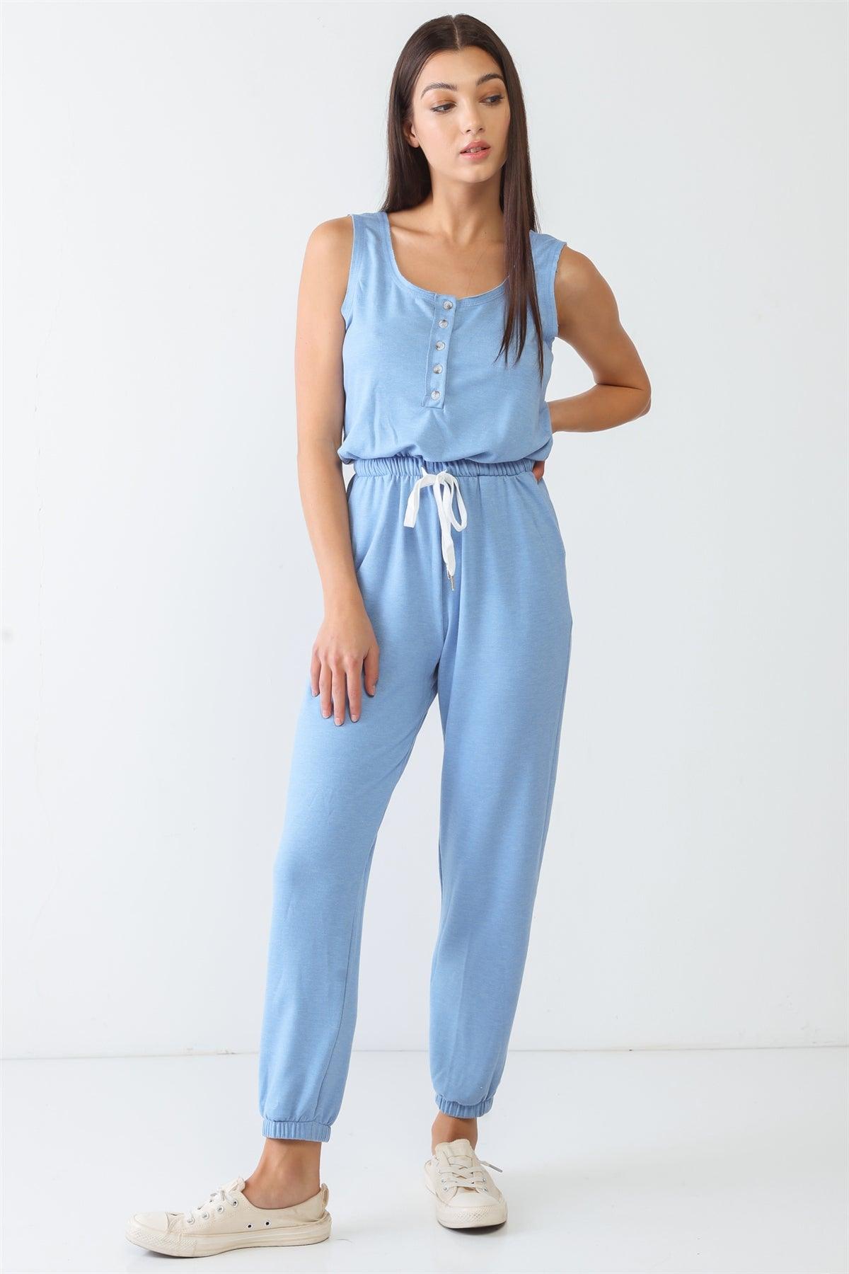 Light Blue Round Neck Sleeveless Button-Up Two Pocket Jumpsuit /2-2-2