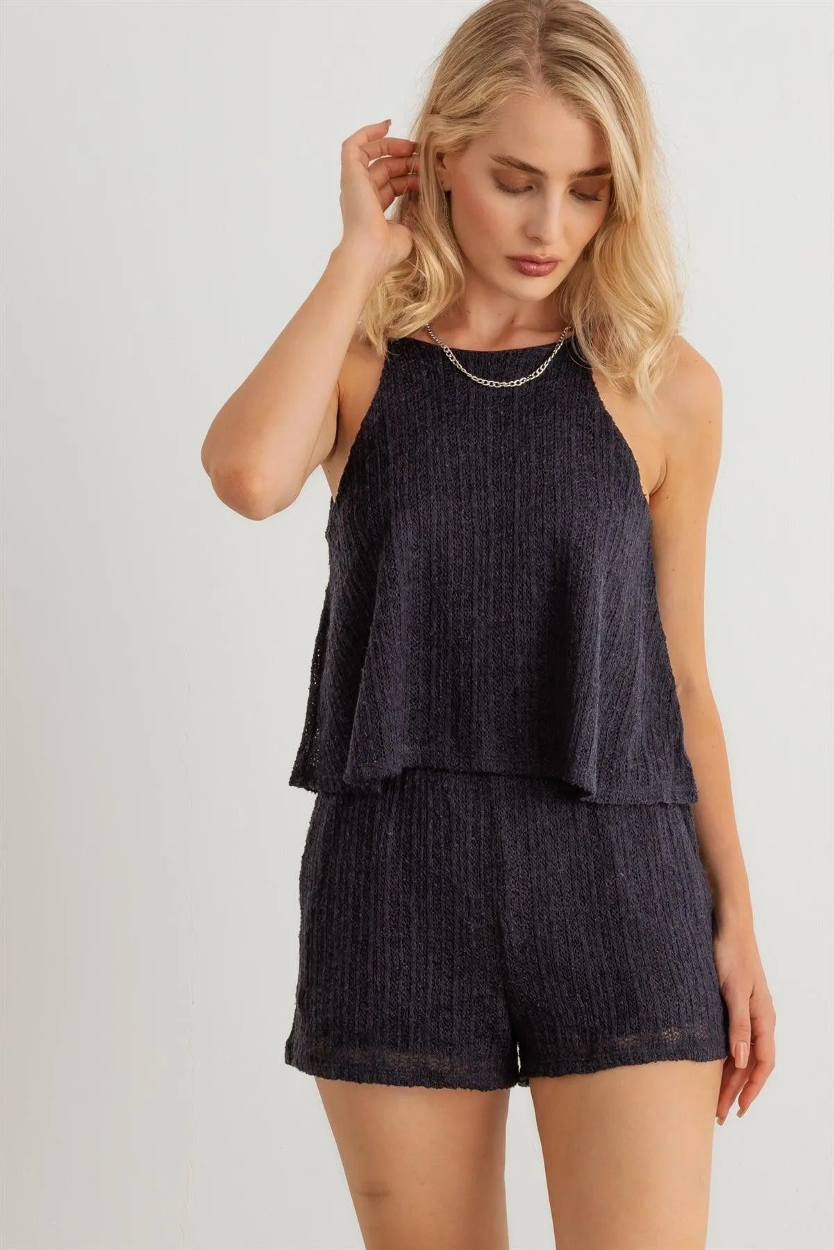 Knit Halter Neck Sleeveless Two Pocket Romper - Tasha Apparel Wholesale