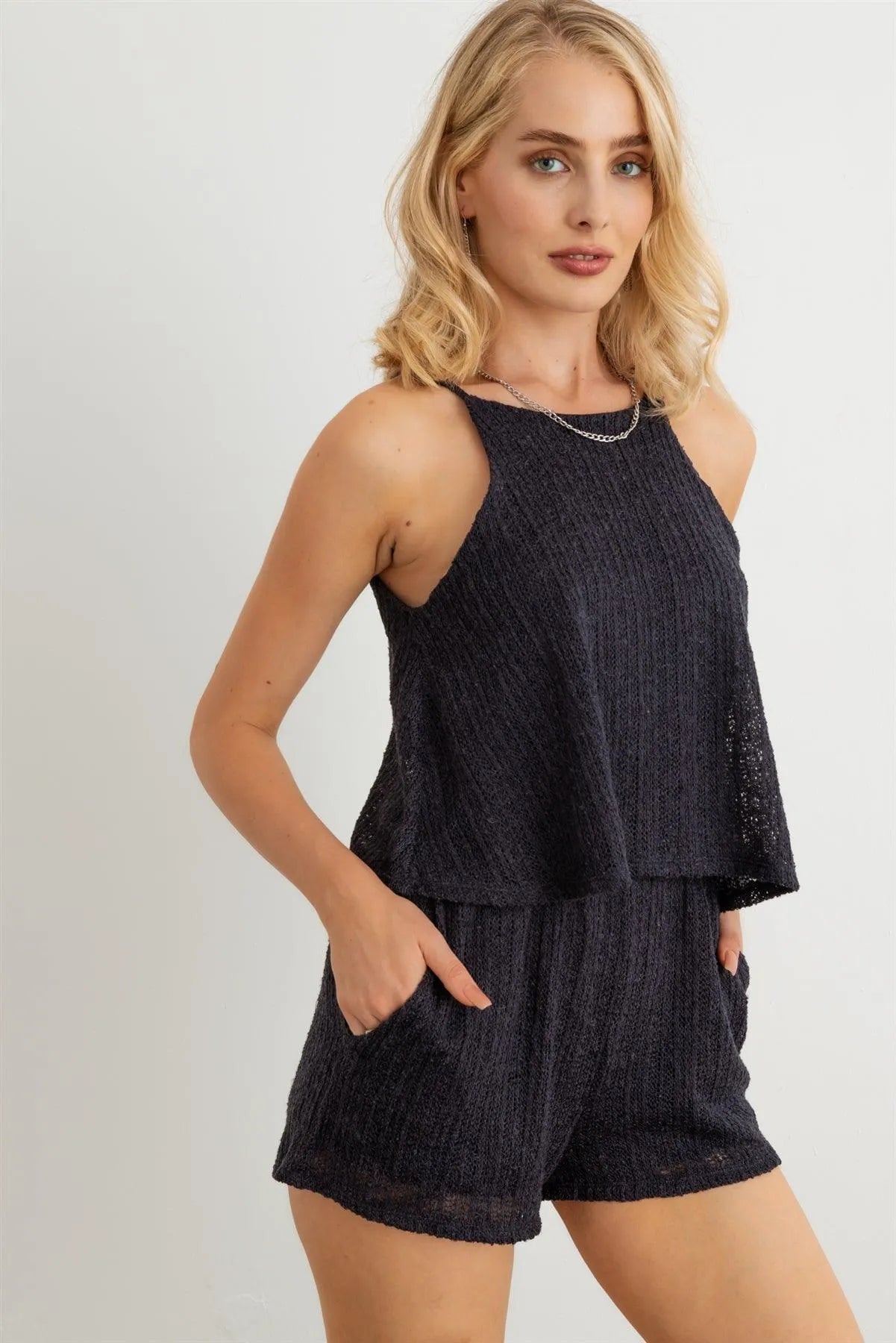 Knit Halter Neck Sleeveless Two Pocket Romper - Tasha Apparel Wholesale