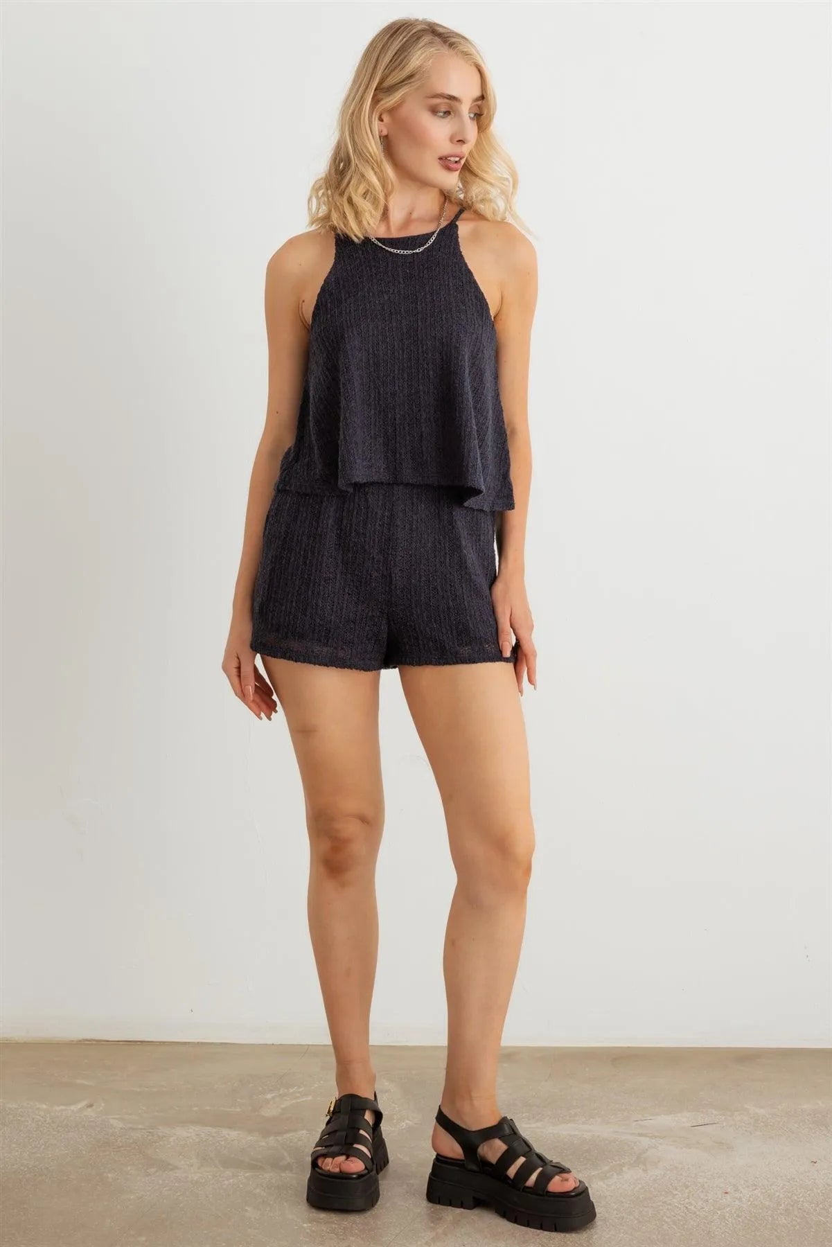 Knit Halter Neck Sleeveless Two Pocket Romper - Tasha Apparel Wholesale