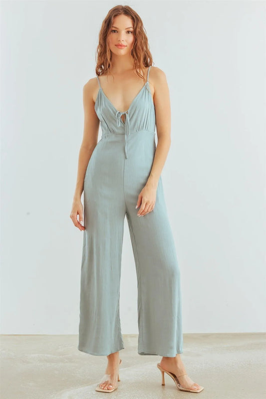 Dusty Teal Sleeveless V-Neck Two Pocket Jumpsuit /2-2-2 - Tasha Apparel Wholesale