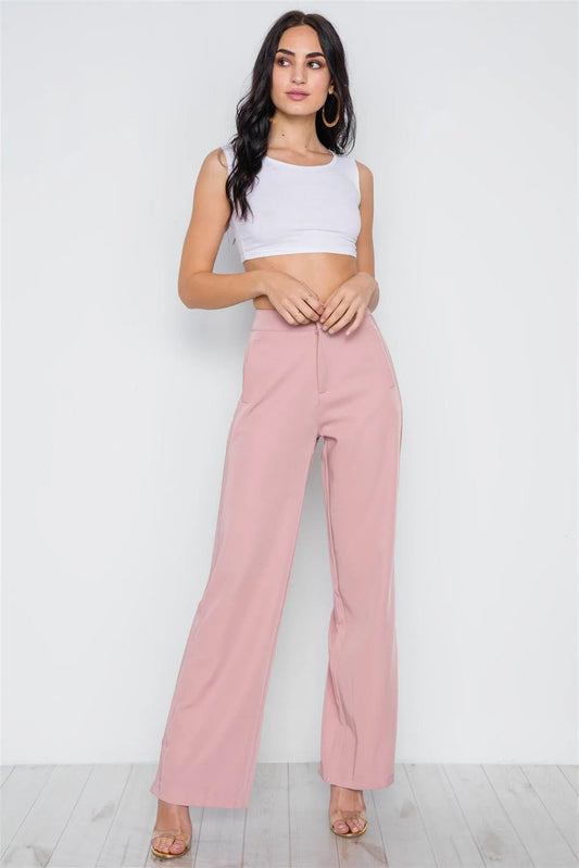 Blush High-Rise Wide Leg Solid Pants /1-2-2-1 - Tasha Apparel Wholesale