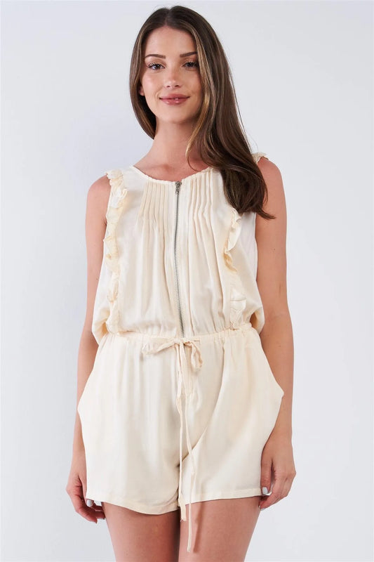 Ivory Pleated Ruffle Hem Front Zipper Romper - Tasha Apparel Wholesale