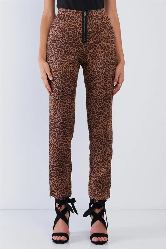 Leopard Print High Waisted Front Zipper Fly Accent Ankle Length Pants /1-2-2-1 - Tasha Apparel Wholesale